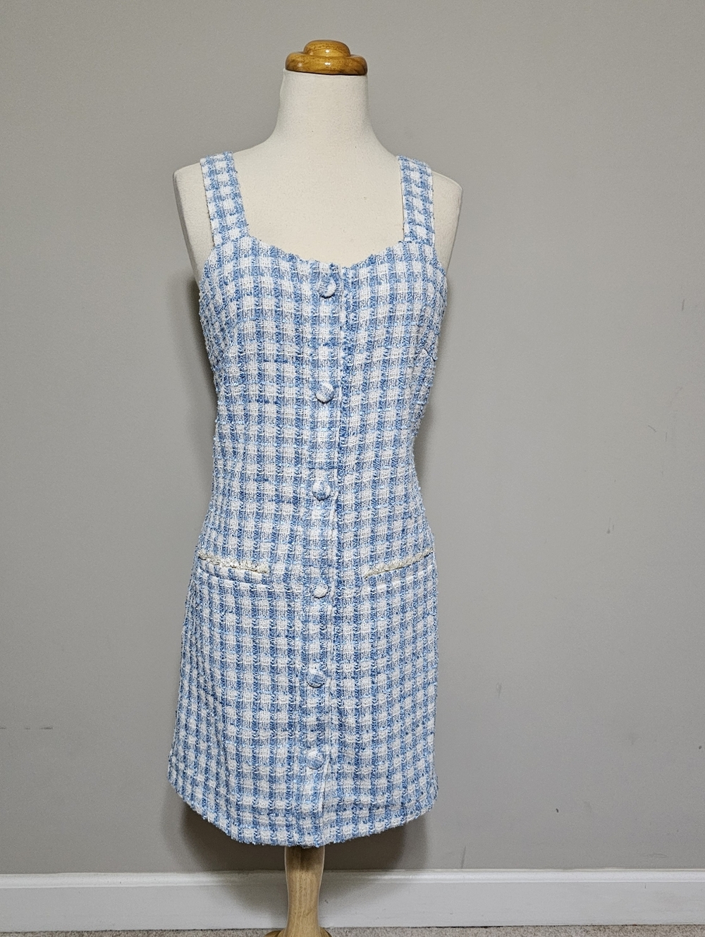 Mango Tweed Plaid Button Front Mini Dress Blue S
